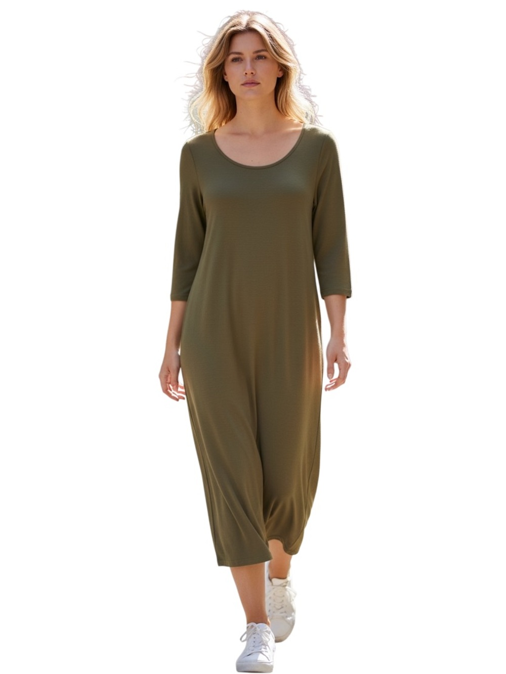 Iconoflash Scoop Neck Olive Midi Dress with Three-Quarter Sleeves